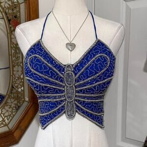 VTG Y2K Sapphire Blue Silver Beaded Silk Butterfly Backless Tie Back Halter Top